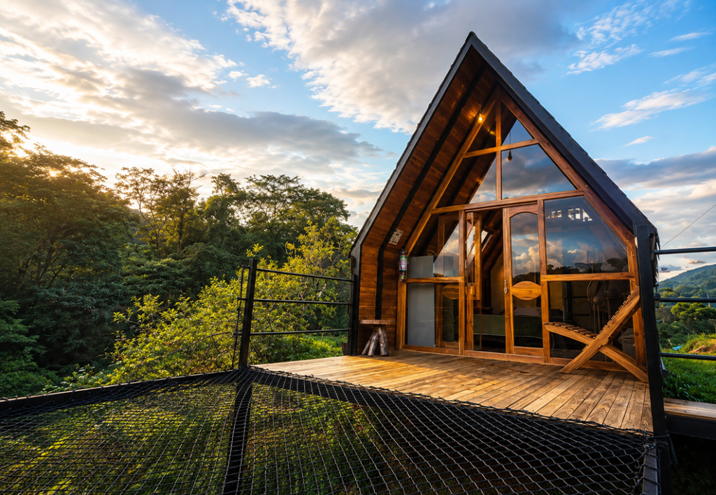 Ecolodge de madera de IX Cacao con deck sobre el bosque al atardecer